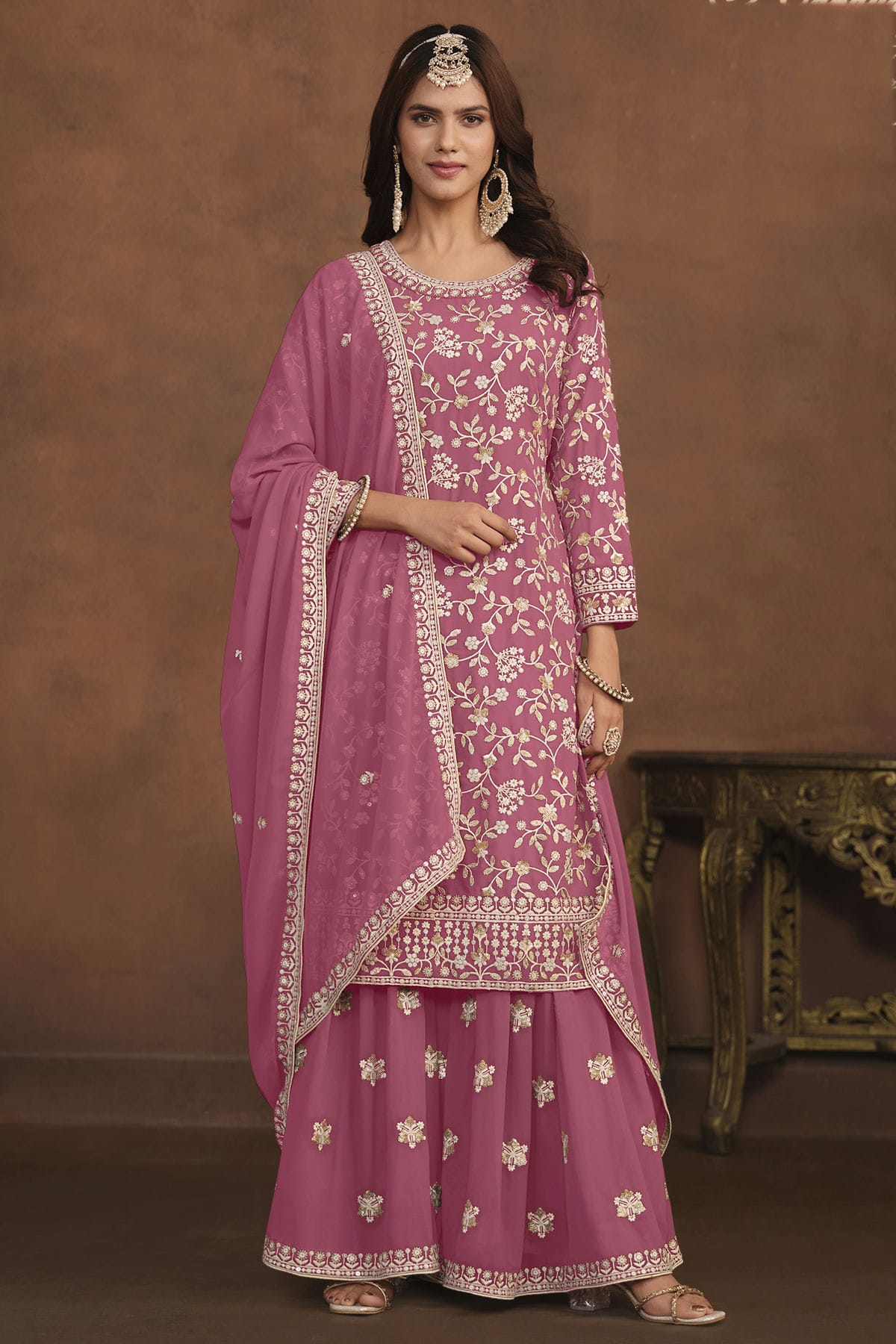 Pink Colour Semi Stitched Faux Georgette Sharara Suit