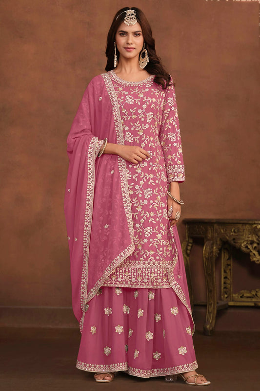 Pink Colour Semi Stitched Faux Georgette Sharara Suit