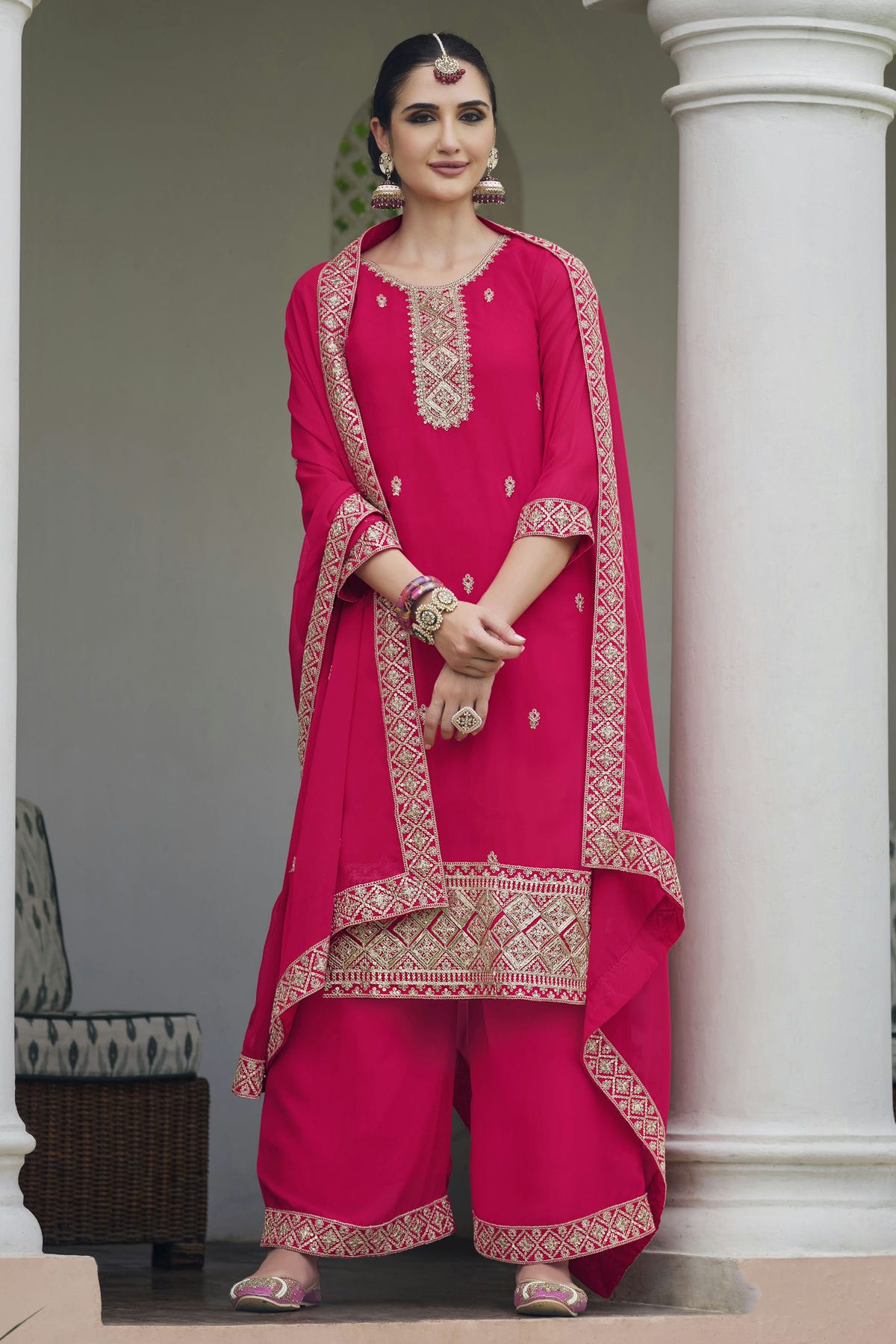 Pink Colour Semi Stitched Georgette Palazzo Pant Suit