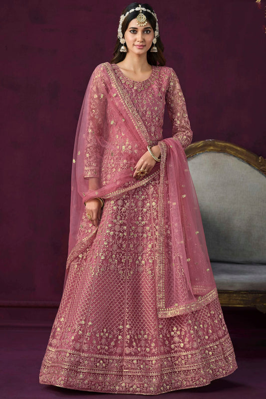 Pink Colour Semi Stitched Net Anarkali Suit