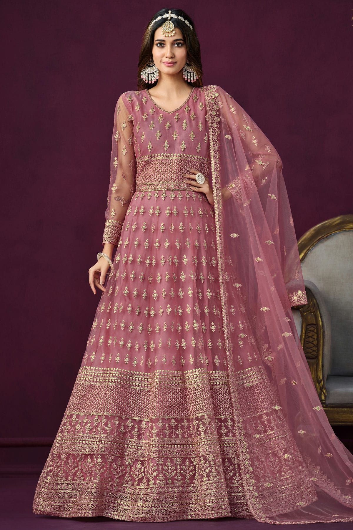 Pink Colour Semi Stitched Net Anarkali Suit