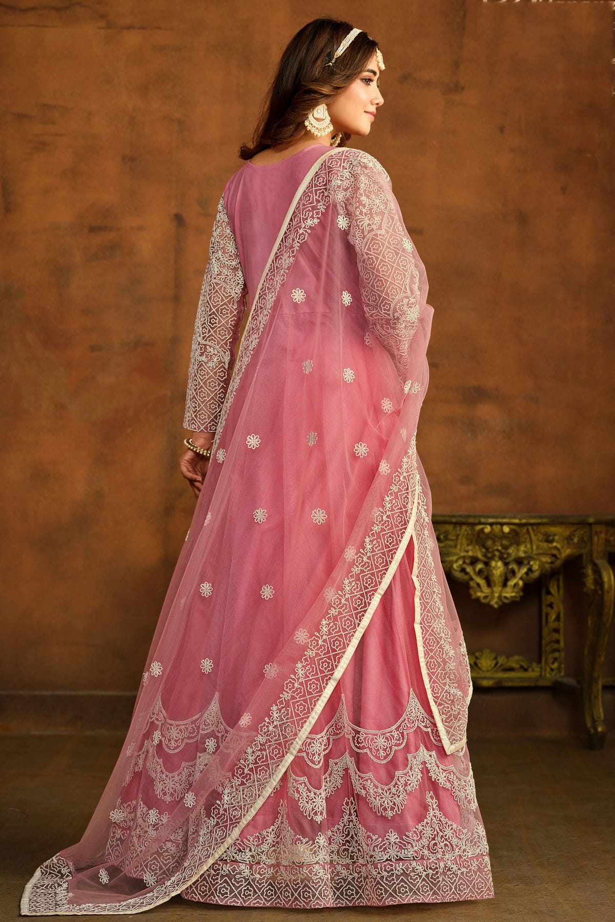 Pink Colour Semi Stitched Net Anarkali Suit