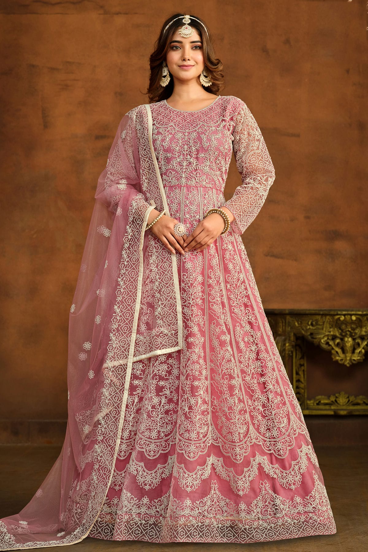 Pink Colour Semi Stitched Net Anarkali Suit