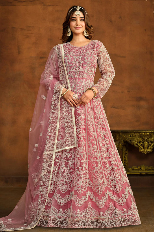 Pink Colour Semi Stitched Net Anarkali Suit