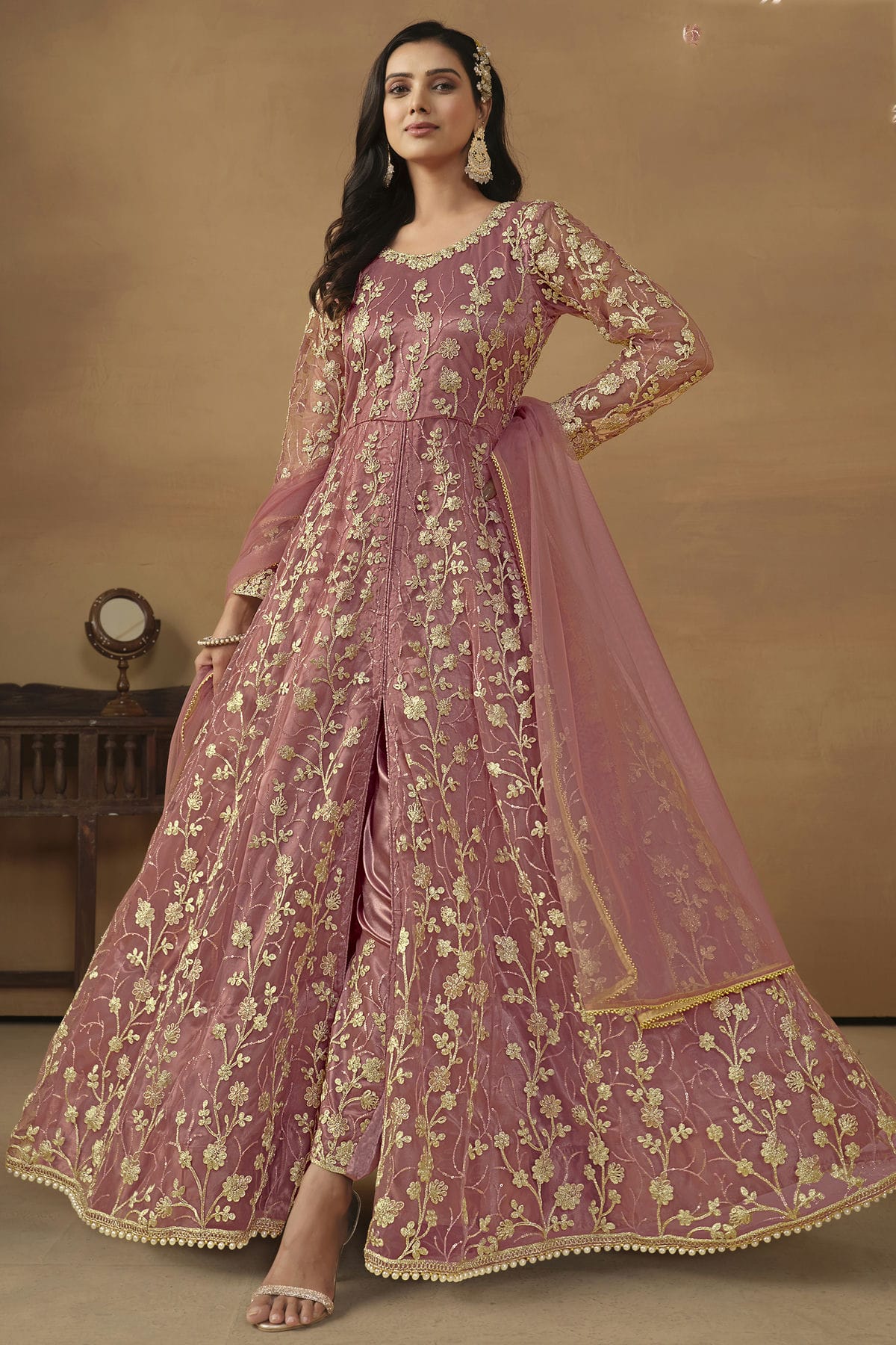 Pink Colour Semi Stitched Net Pant Style Suit