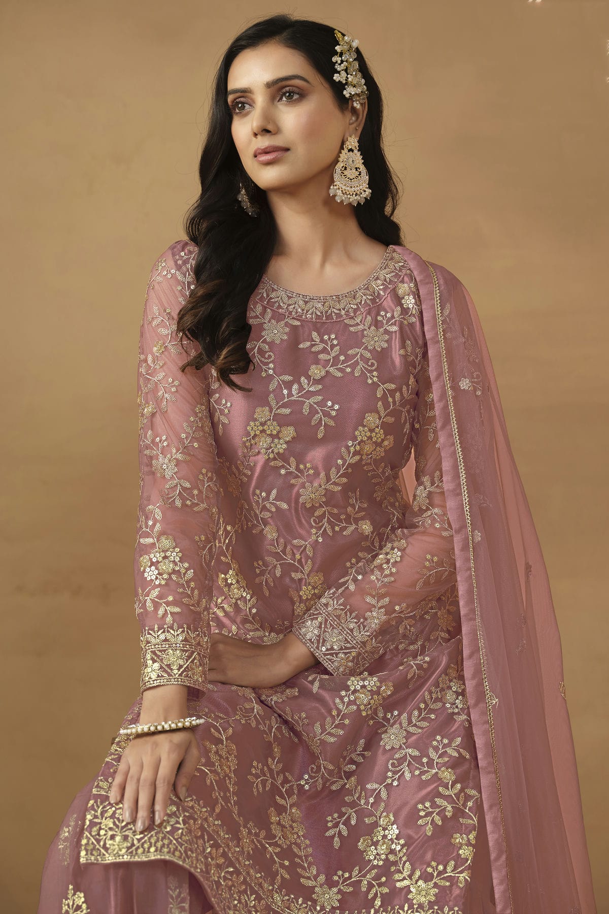 Pink Colour Semi Stitched Net Sharara Suit