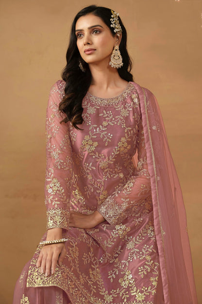 Pink Colour Semi Stitched Net Sharara Suit