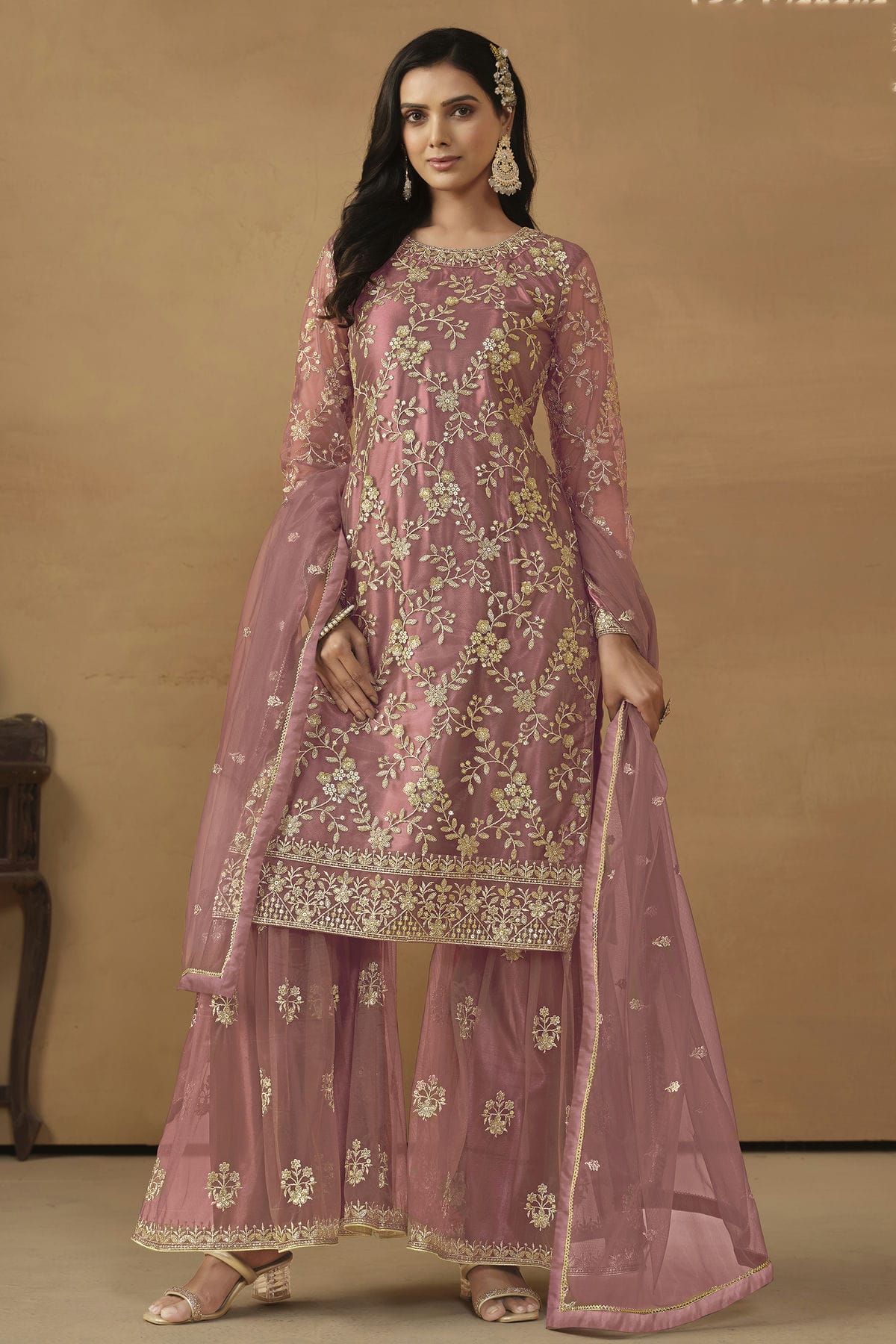 Pink Colour Semi Stitched Net Sharara Suit