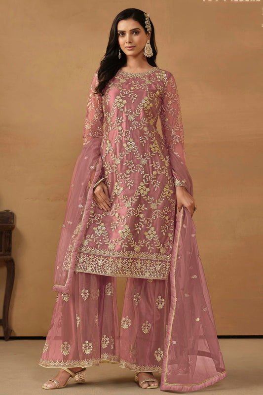 Pink Colour Semi Stitched Net Sharara Suit