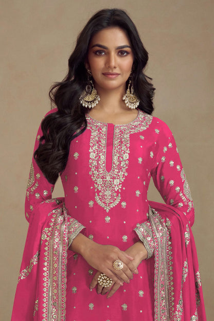 Pink Colour Semi Stitched Silk Palazzo Pant Suit