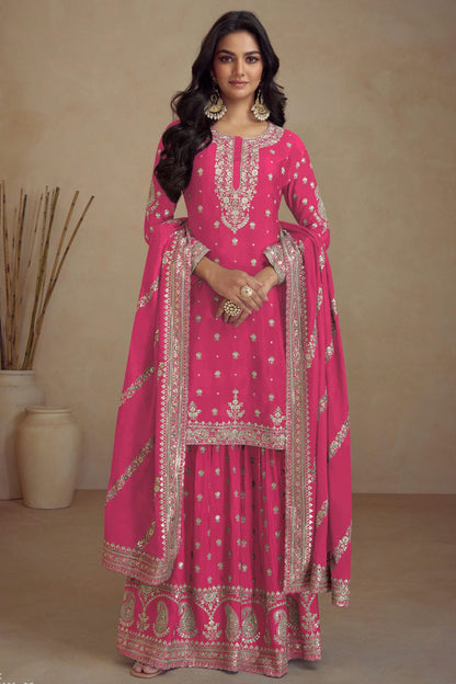 Pink Colour Semi Stitched Silk Palazzo Pant Suit