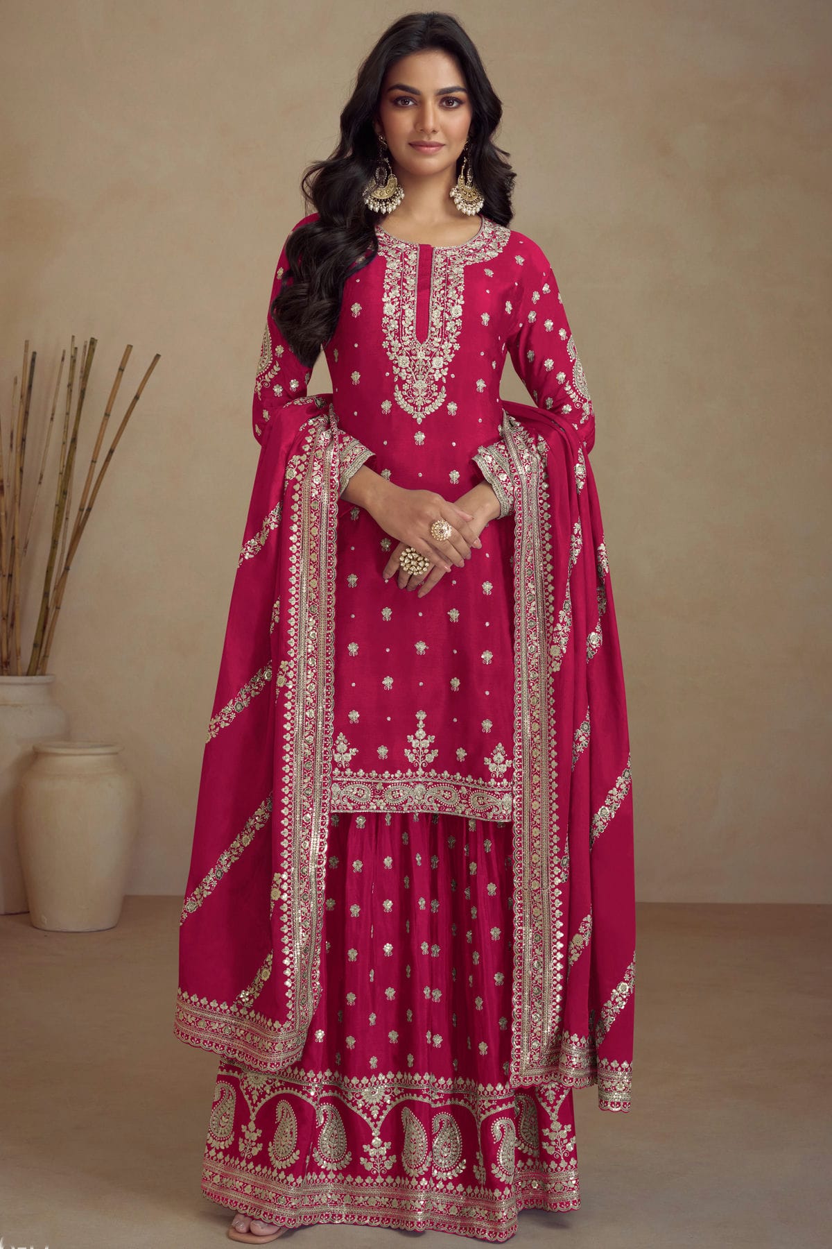 Pink Colour Semi Stitched Silk Palazzo Pant Suit VSSM1140671