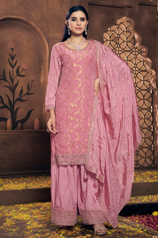 Pink Colour Semi Stitched Viscose Chinon Palazzo Pant Suit