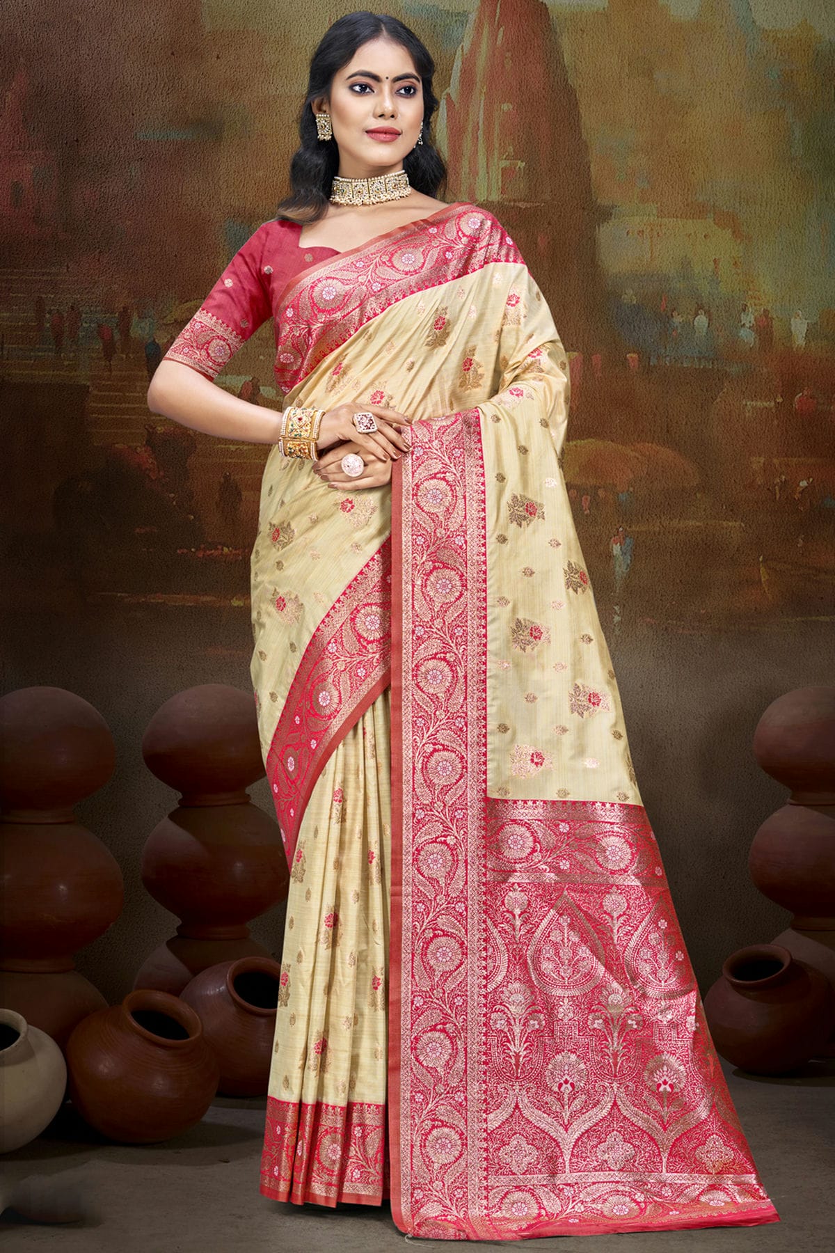 Pink Colour Silk Woven Work Traditional Saree