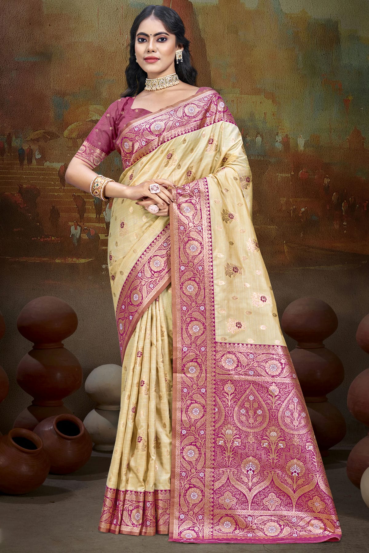 Pink Colour Silk Woven Work Traditional Saree