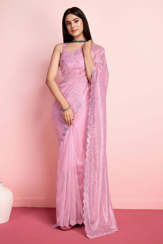 Pink Colour Silver Twill Net Saree