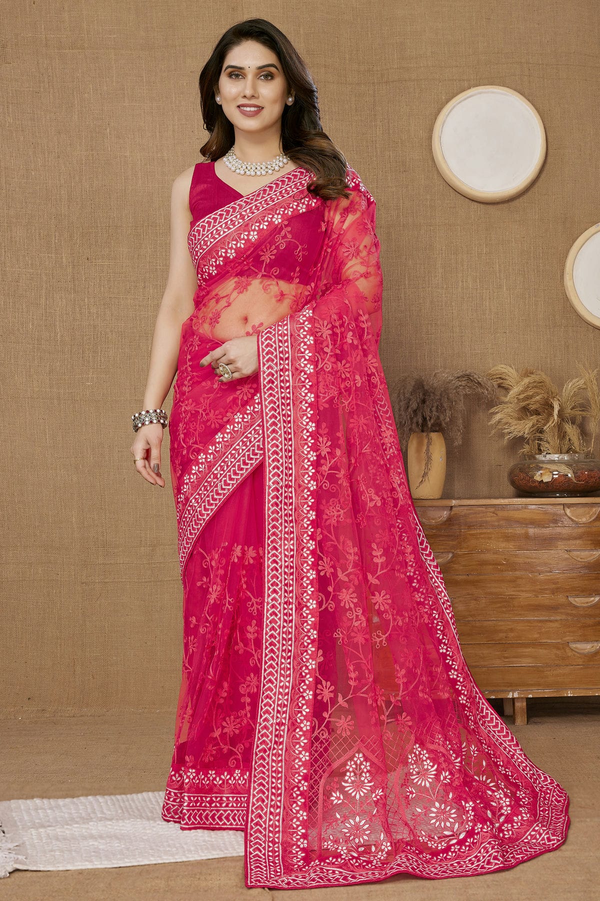 Pink Colour Soft Net Saree