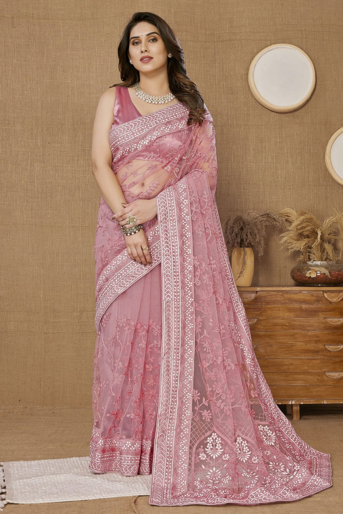 Pink Colour Soft Net Saree