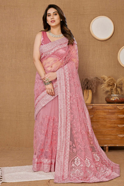 Pink Colour Soft Net Saree