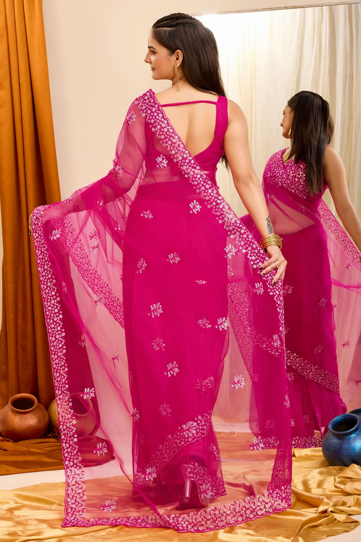 Pink Colour Soft Net Saree