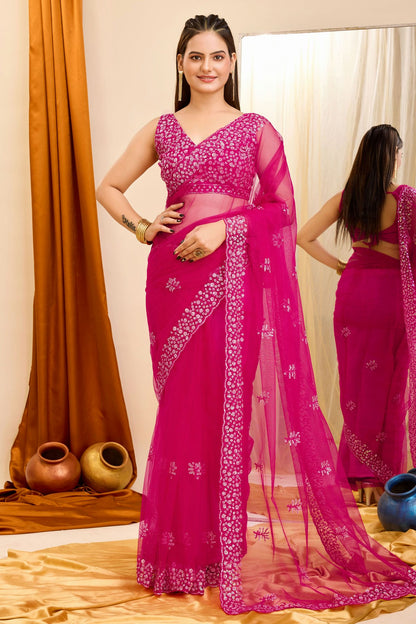 Pink Colour Soft Net Saree