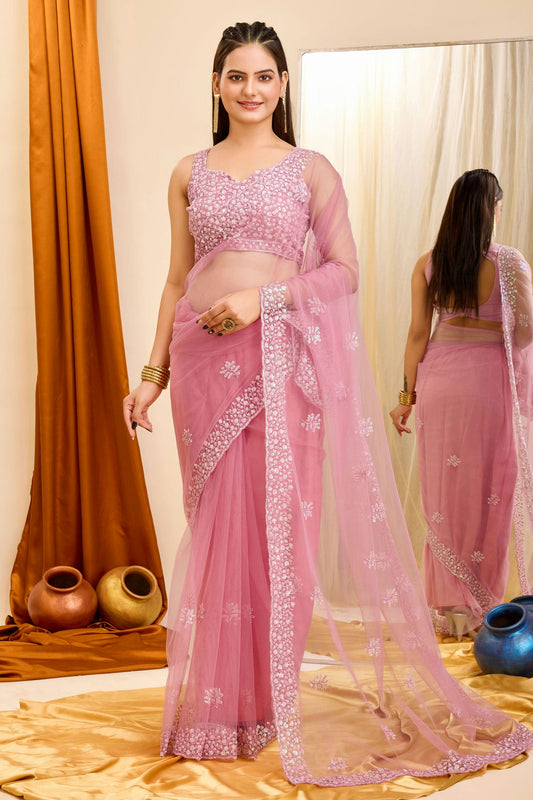 Pink Colour Soft Net Saree