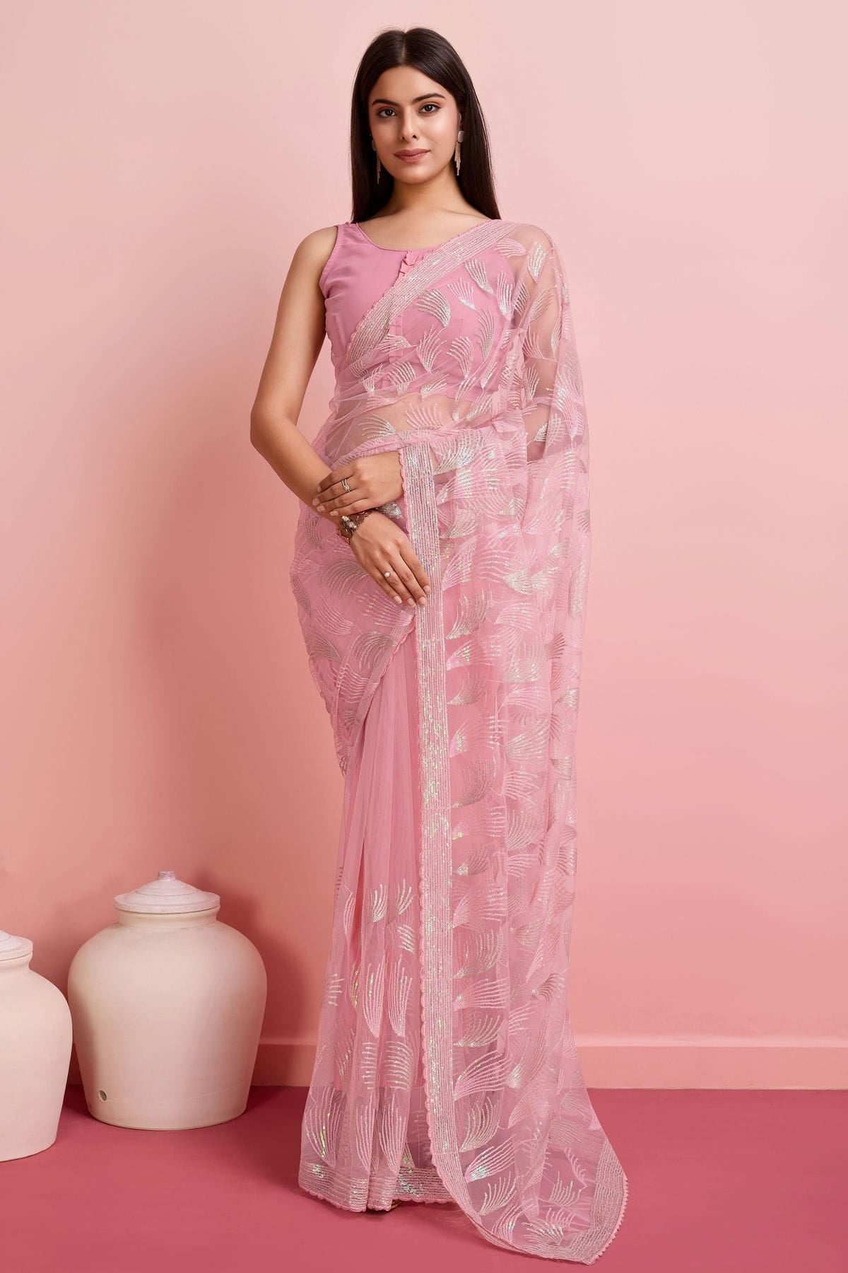 Pink Colour Soft Net Saree