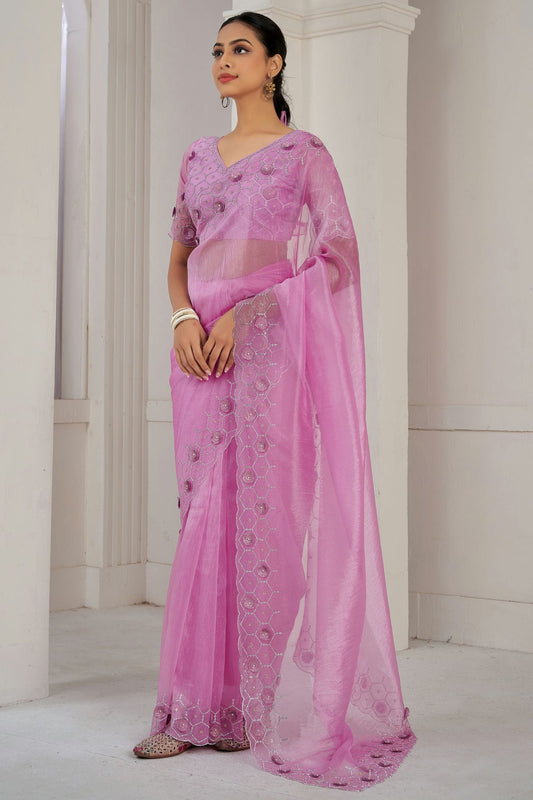 Pink Colour Soft Organza Designer Saree