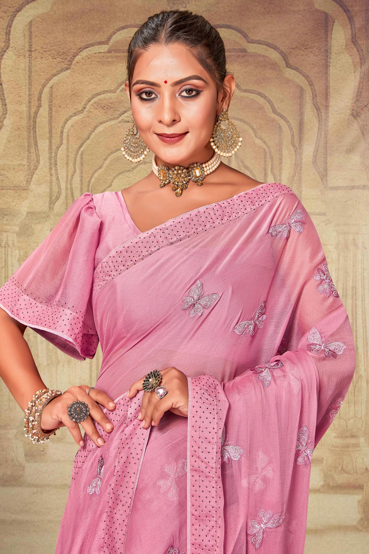 Pink Colour Soft Silk Chiffon Designer Saree