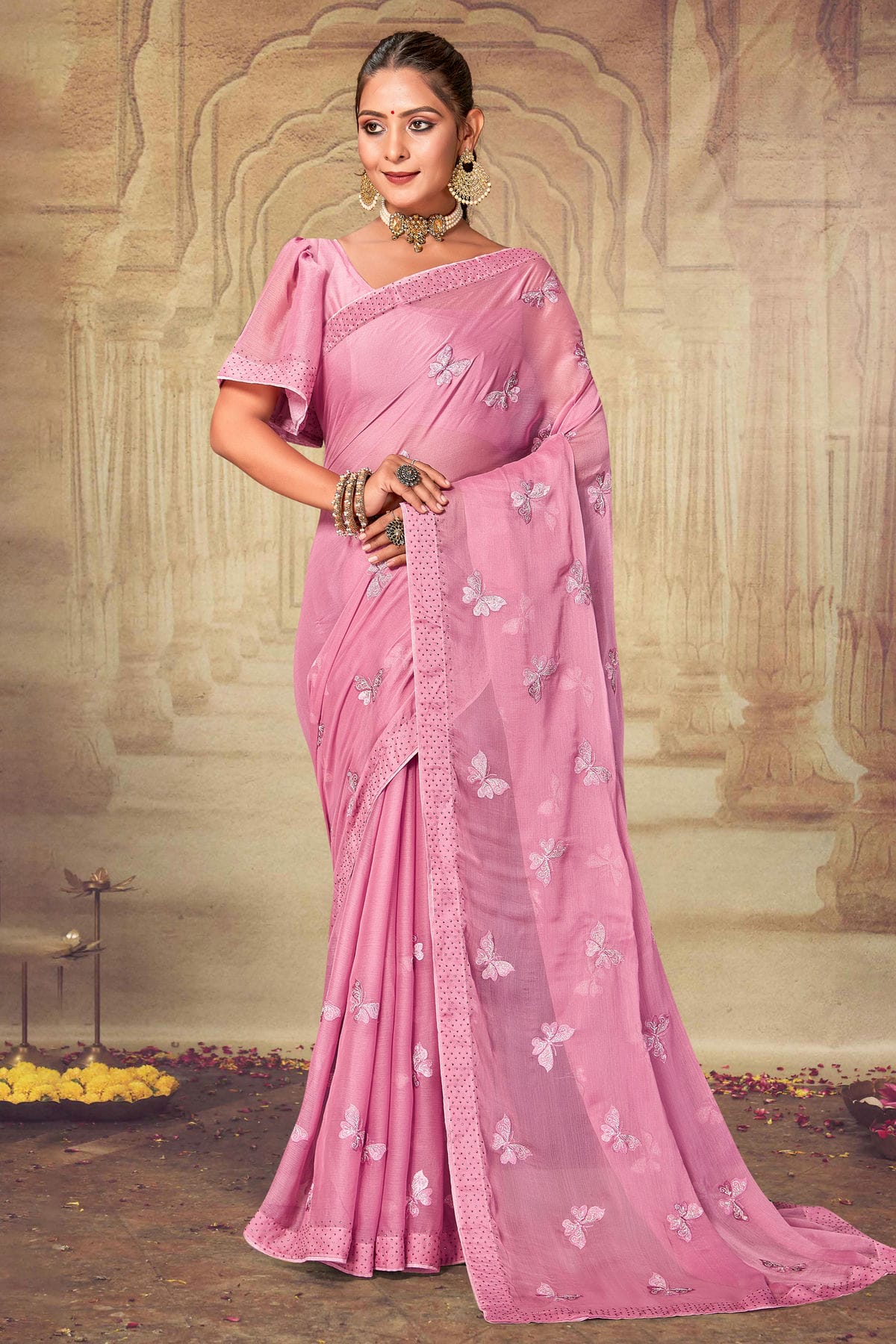 Pink Colour Soft Silk Chiffon Designer Saree