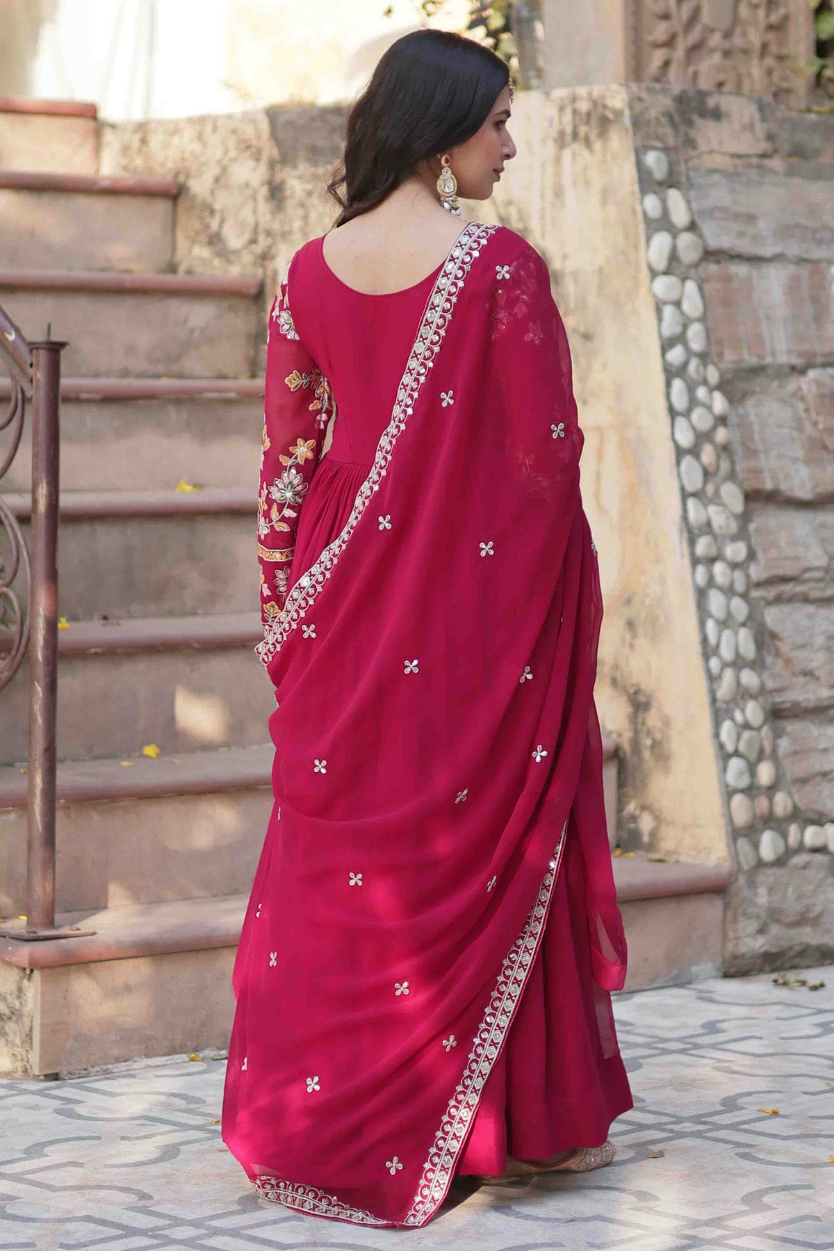 Pink Colour Stitched Faux Georgette Gown