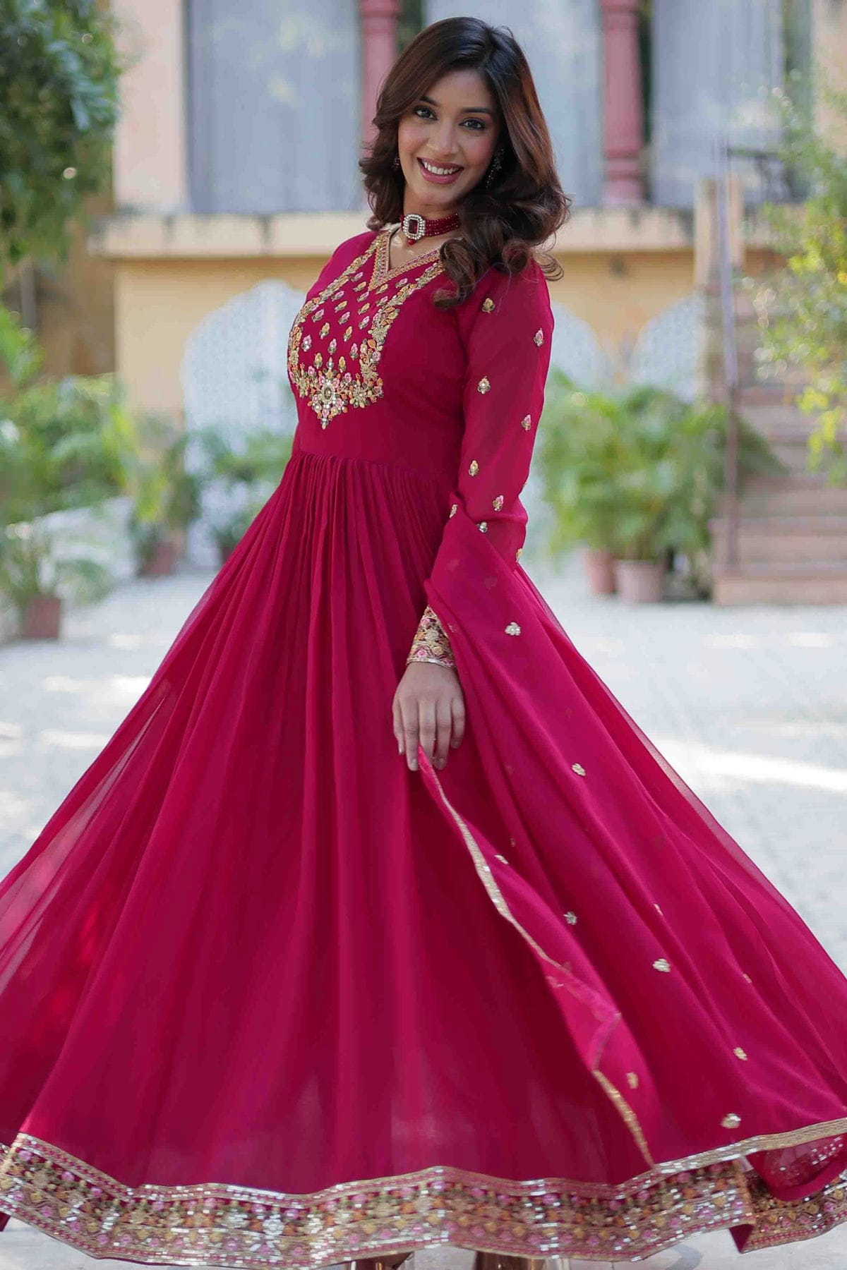 Pink Colour Stitched Faux Georgette Gown