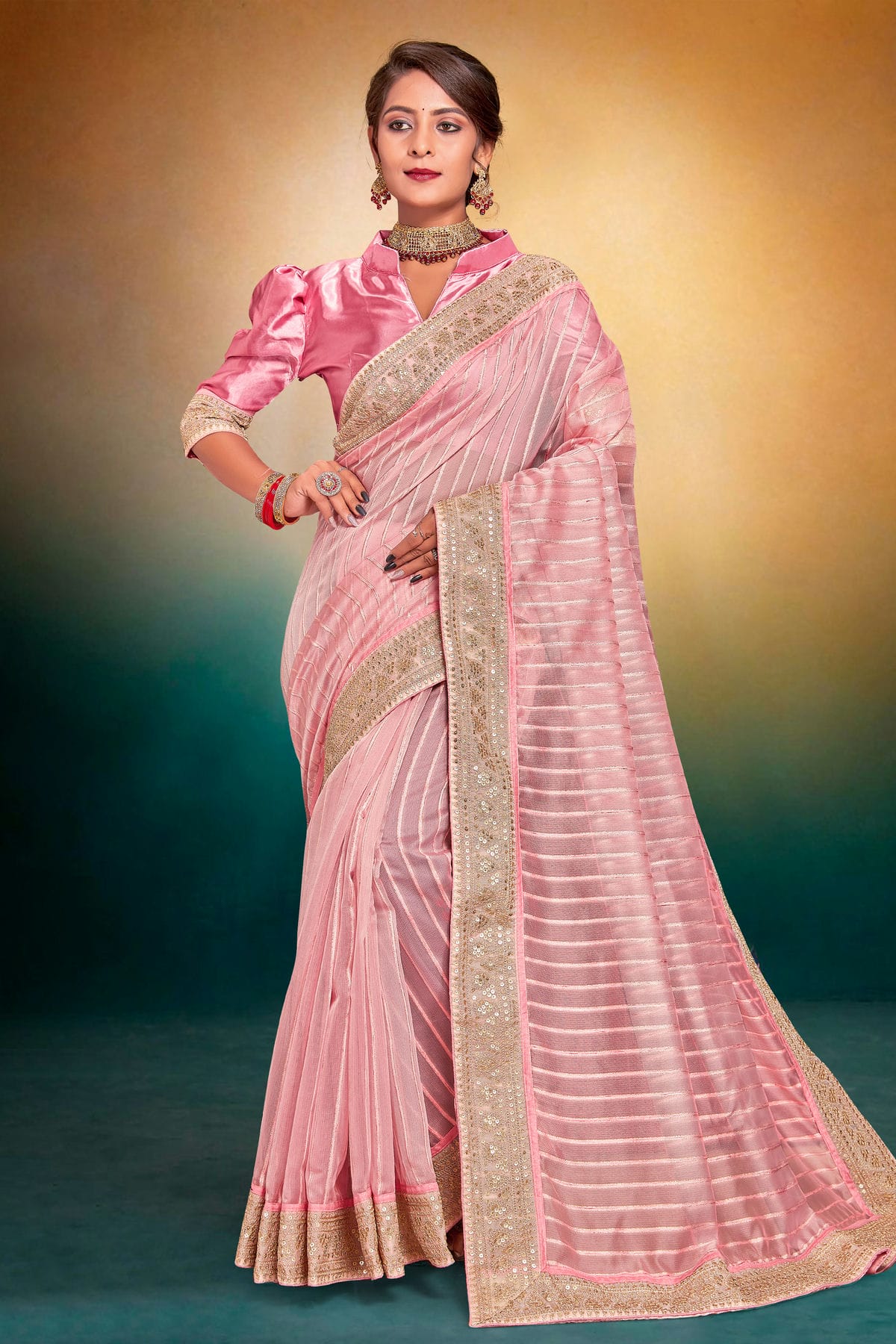 Pink Colour Tissue Designer Saree