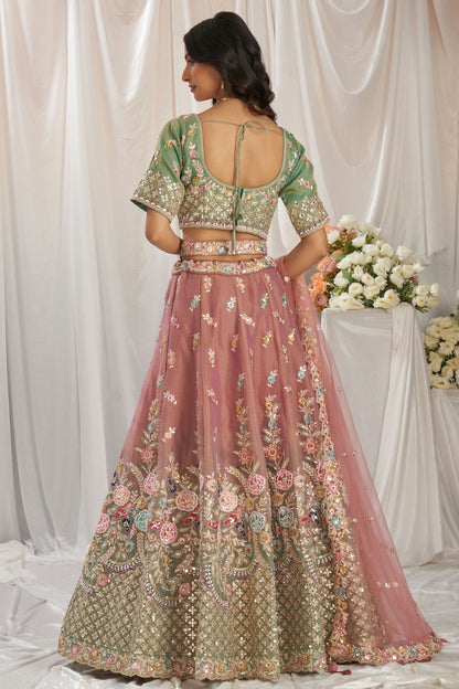 Pink Colour Tissue Embroidery Lehenga Choli