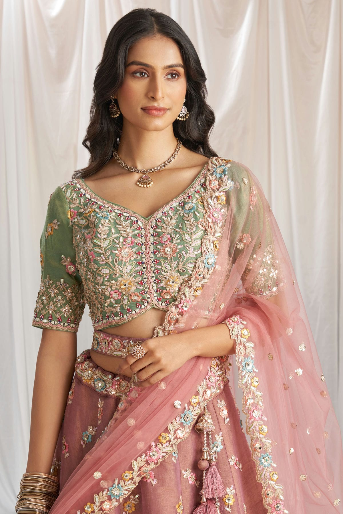 Pink Colour Tissue Embroidery Lehenga Choli