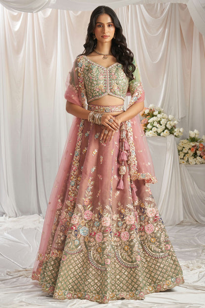 Pink Colour Tissue Embroidery Lehenga Choli