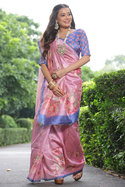 Pink Colour Tussar Silk Digital Printed Saree