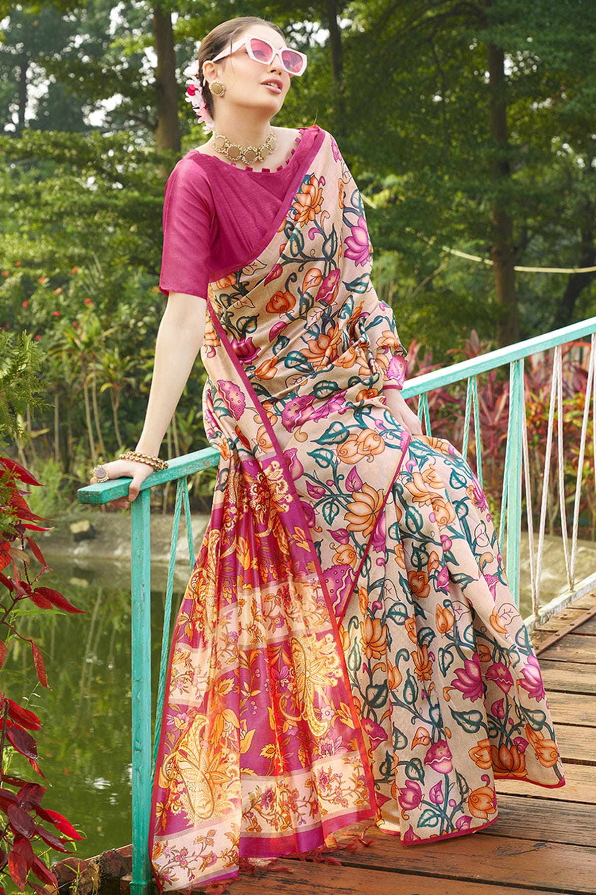 Pink Colour Tussar Silk Printed Saree