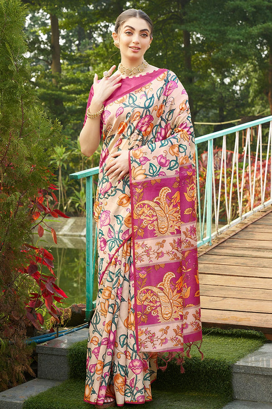 Pink Colour Tussar Silk Printed Saree