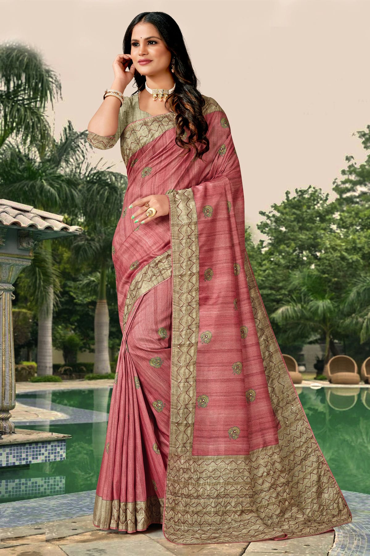 Pink Colour Tussar Silk Traditional Saree