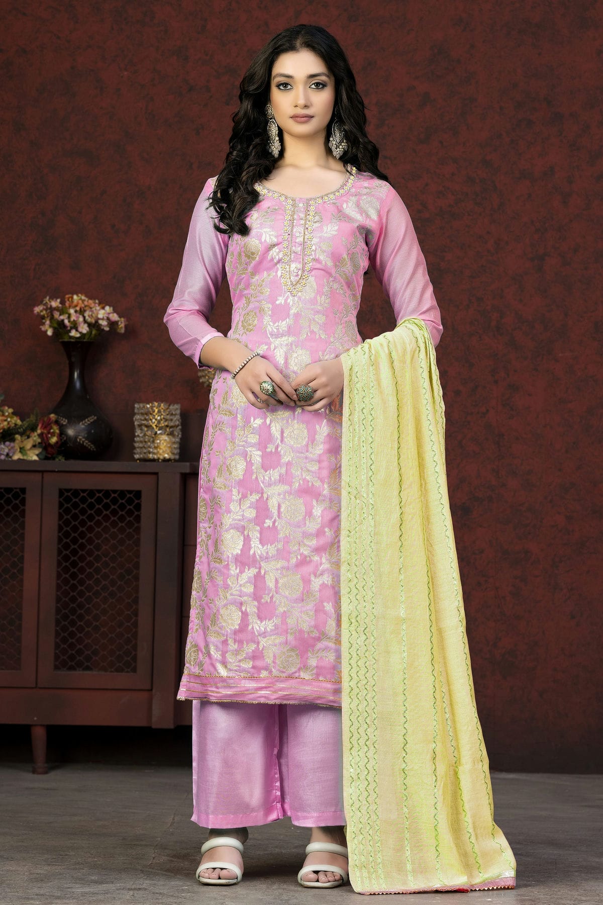 Pink Colour Unstitched Banarasi Jacquard Fabric Straight Suit