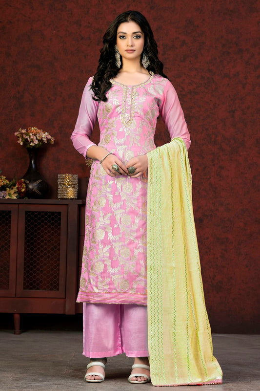 Pink Colour Unstitched Banarasi Jacquard Fabric Straight Suit