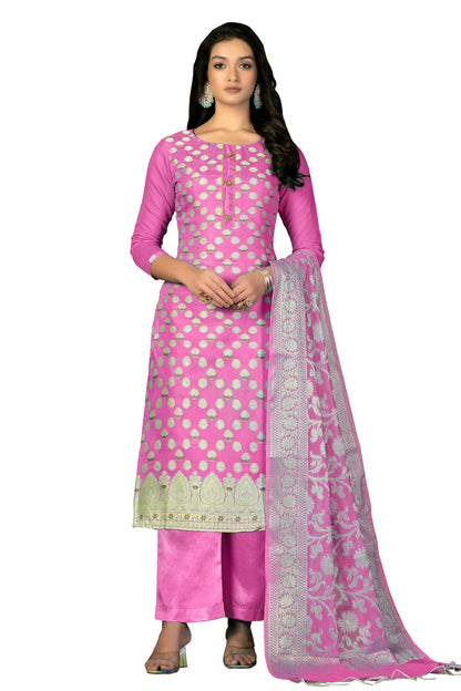 Pink Colour Unstitched Banarasi Jacquard Fabric Straight Suit