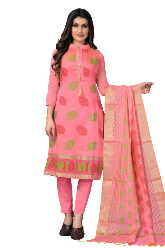 Pink Colour Unstitched Banarasi Jacquard Fabric Straight Suit