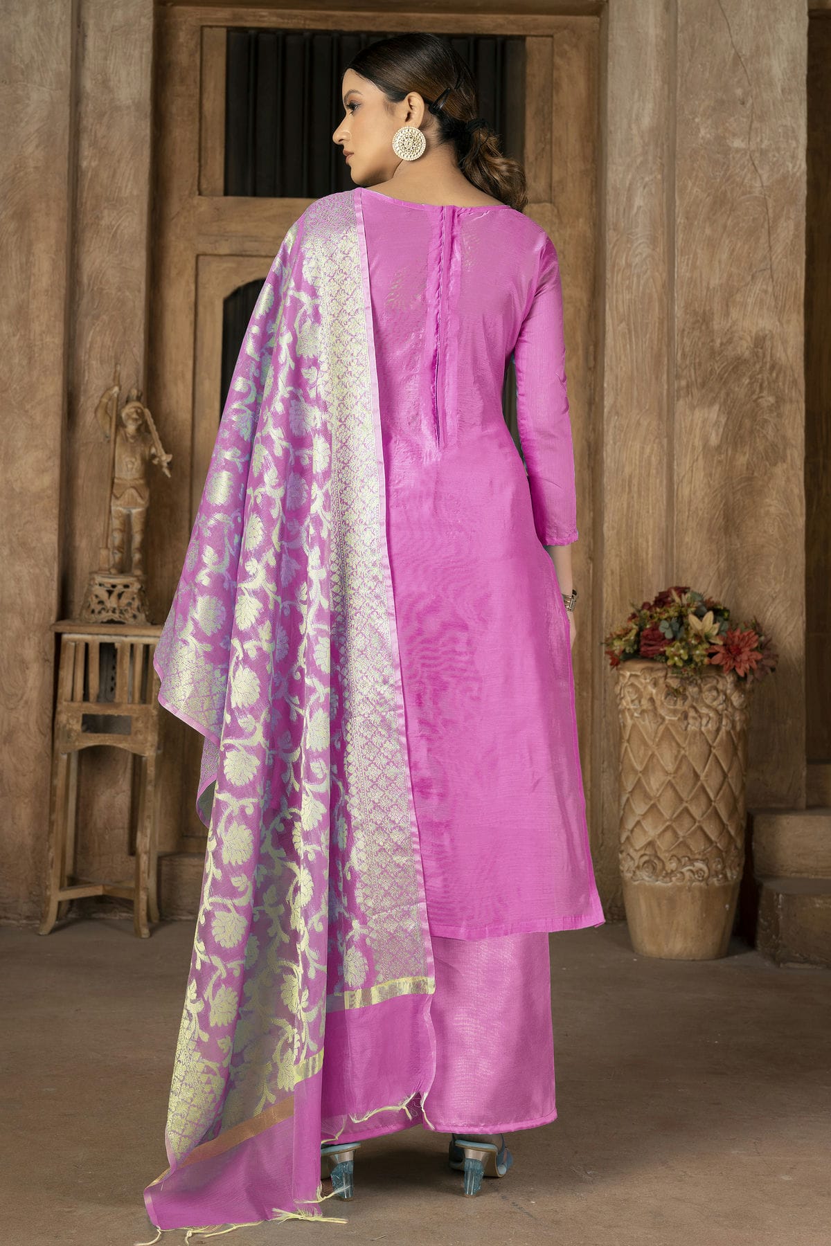 Pink Colour Unstitched Banarasi Jacquard Palazoo Pant Suit