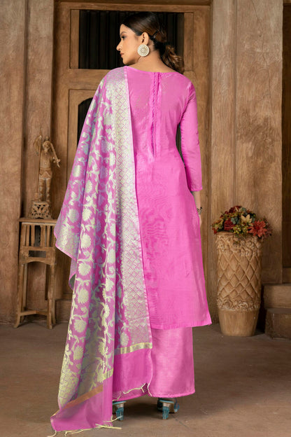 Pink Colour Unstitched Banarasi Jacquard Palazoo Pant Suit