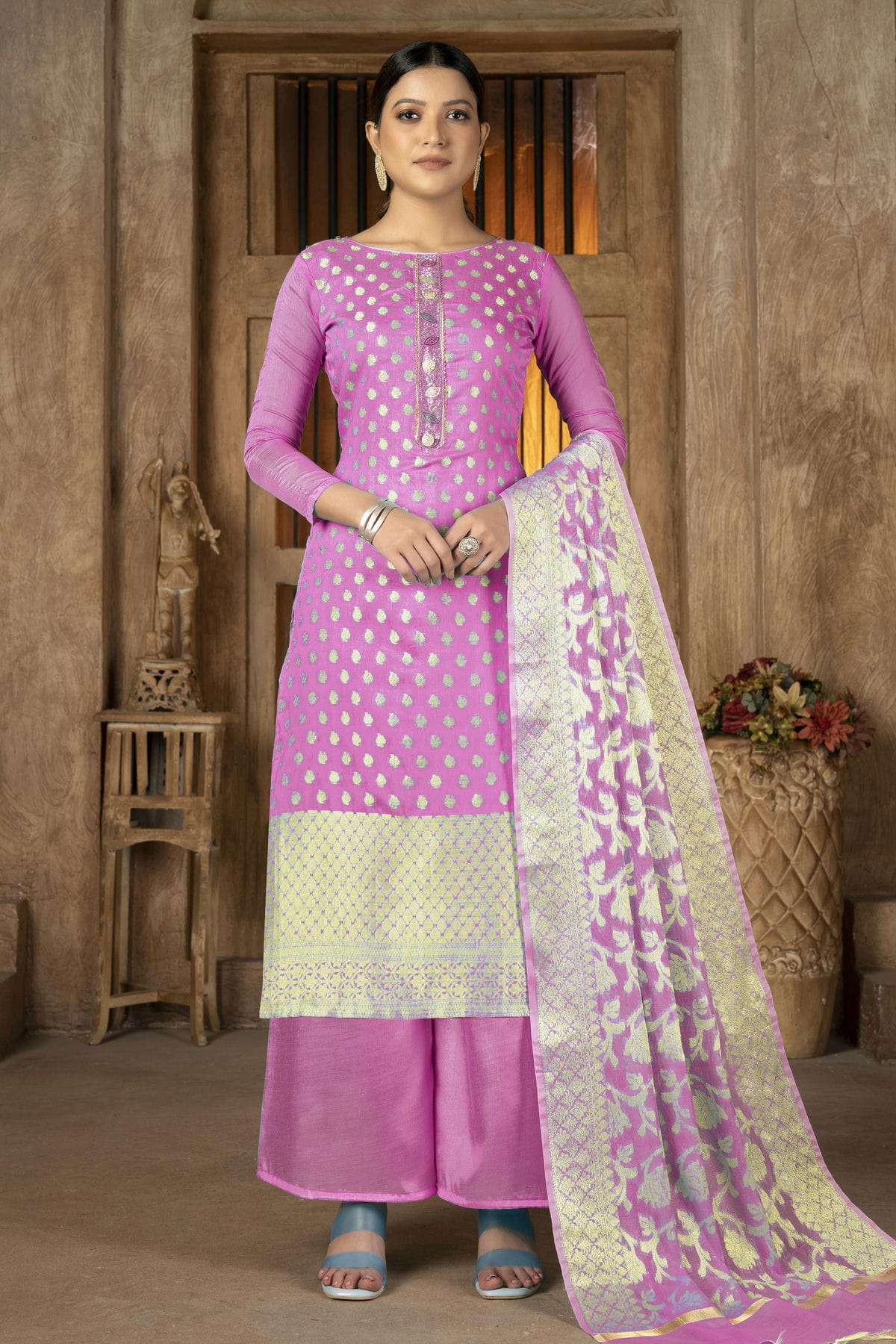 Pink Colour Unstitched Banarasi Jacquard Palazoo Pant Suit