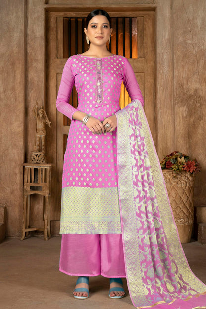 Pink Colour Unstitched Banarasi Jacquard Palazoo Pant Suit