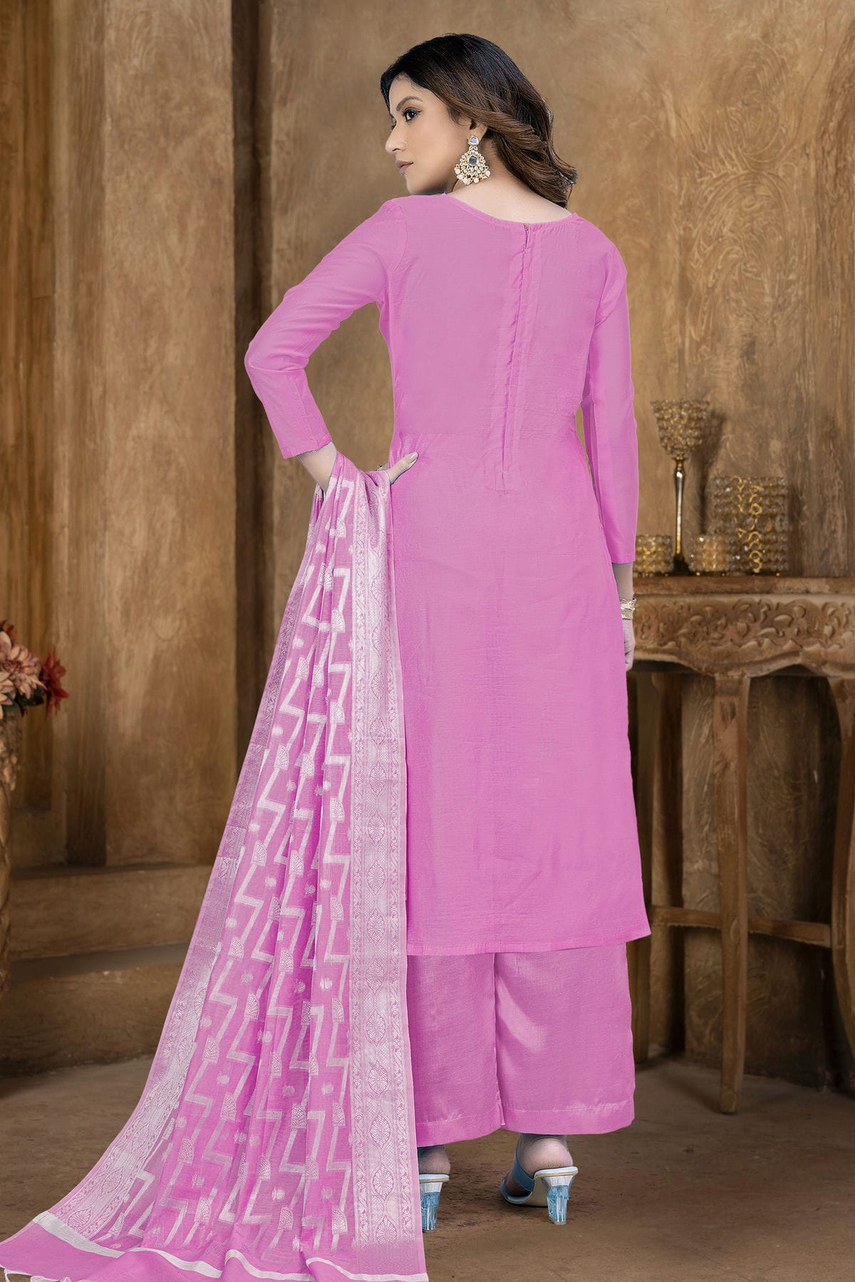 Pink Colour Unstitched Banarasi Jacquard Palazoo Pant Suit