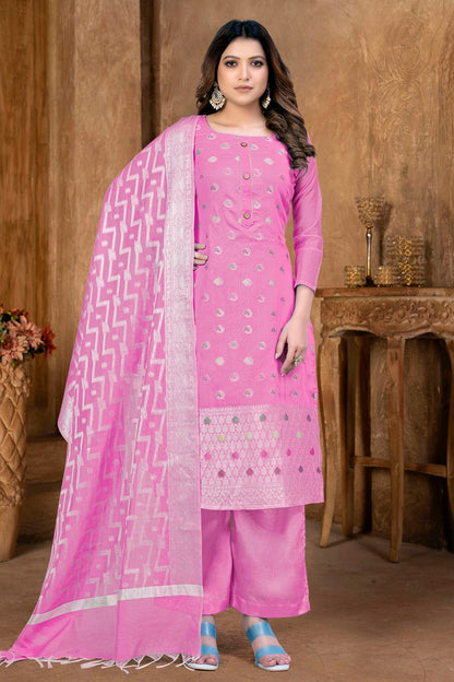 Pink Colour Unstitched Banarasi Jacquard Palazoo Pant Suit